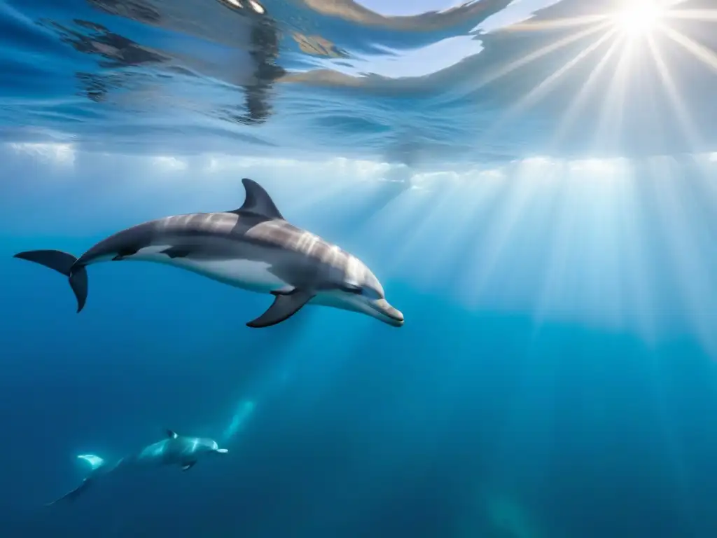 Un océano sereno y cristalino con delfines majestuosos nadando en armonía, reflejando la luz del sol