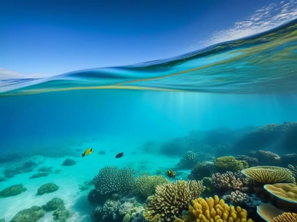 Un océano turquesa cristalino con un arrecife de coral vibrante bajo el agua, iluminado por el sol