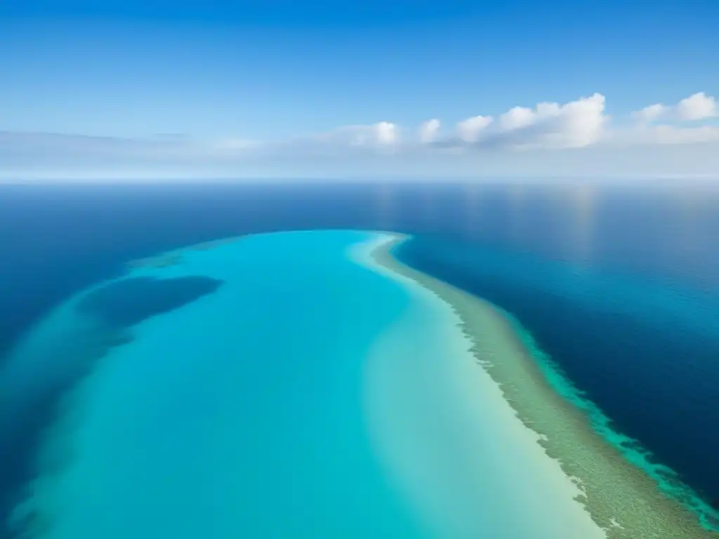 Un océano turquesa cristalino con una isla verde en la distancia, bajo un cielo azul claro y nubes esponjosas, reflejando paz