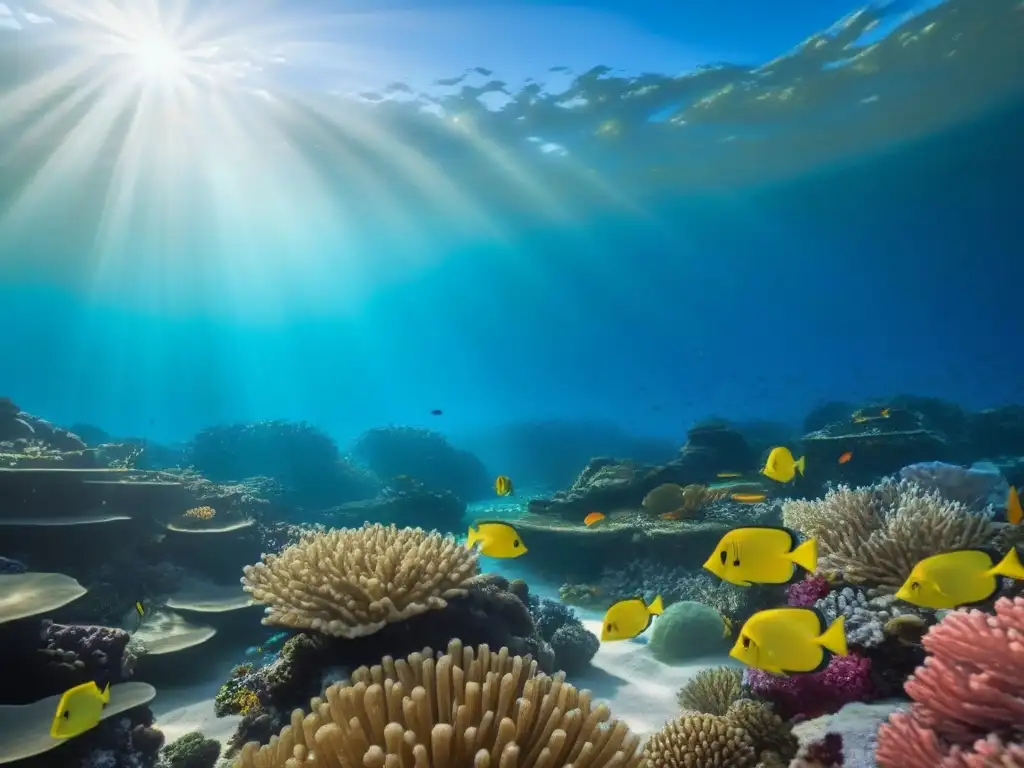 Un océano prístino y claro con un vibrante arrecife de coral lleno de peces coloridos