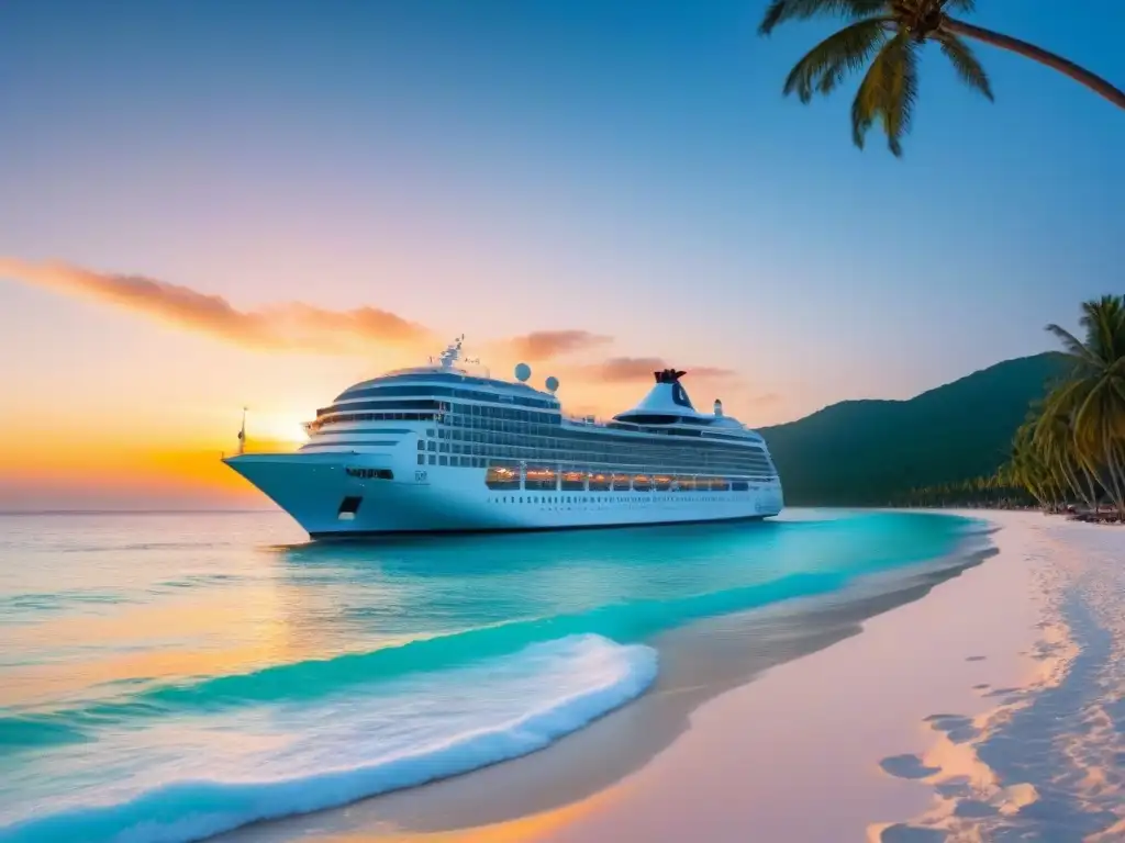 Crucero de lujo navegando en aguas turquesas al atardecer Explora ofertas de propiedades en cruceros de lujo con esta imagen idílica de un barco navegando en aguas turquesas