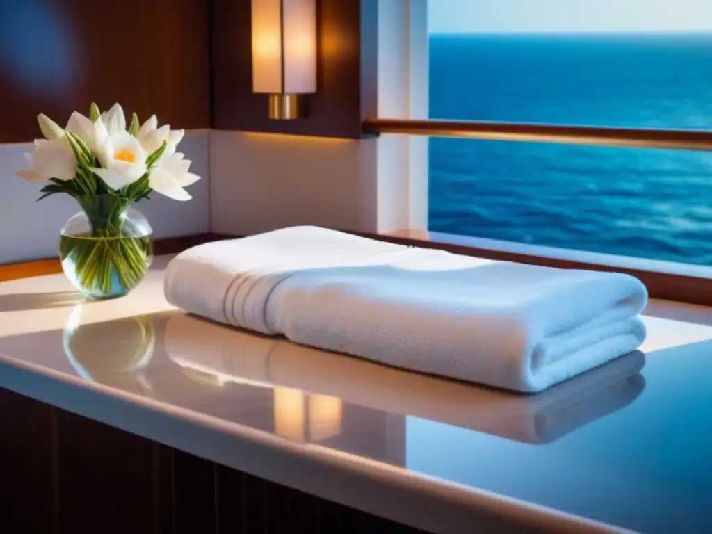 Ofertas Spa Cruceros Encontrarlas: Imagen elegante de un spa en un lujoso crucero, con toallas blancas y flores frescas en un ambiente sereno