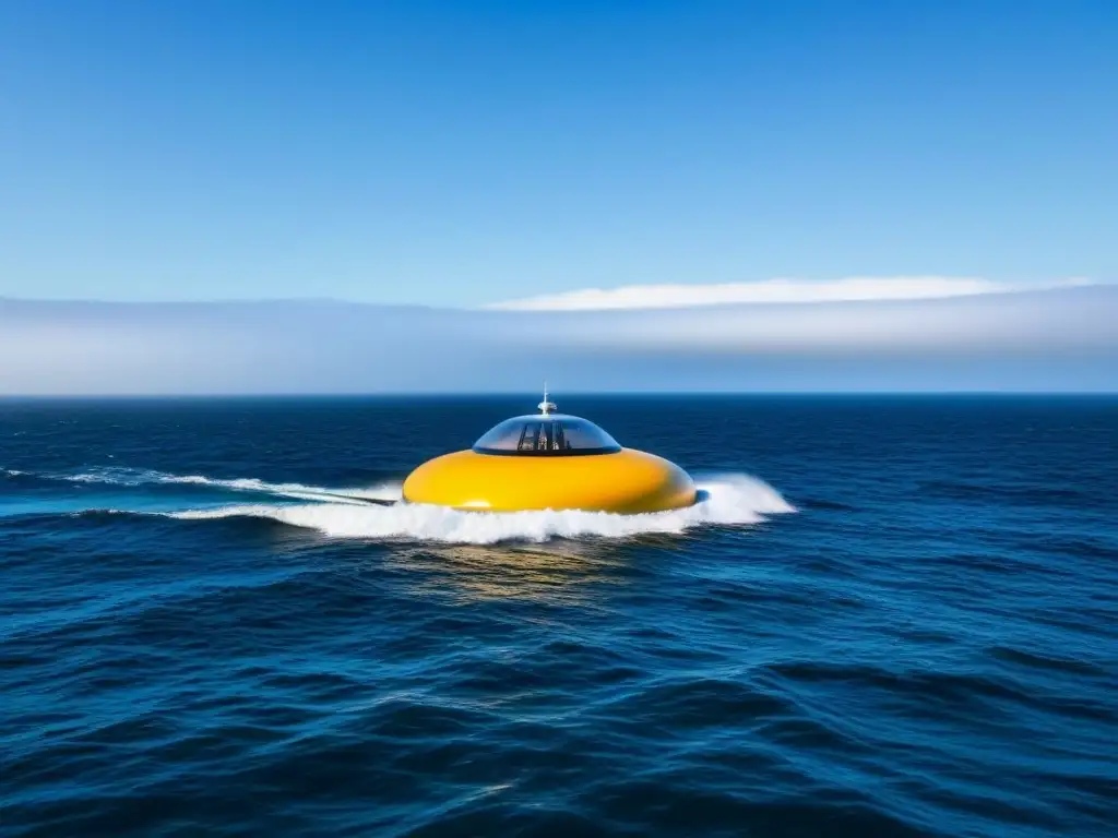 Propulsión por olas en turismo: Convertidor de energía flotando en aguas serenas con diseño futurista y cielo azul despejado