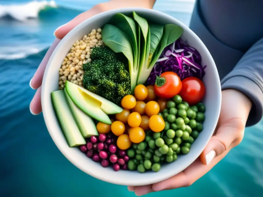 Opciones veganas y vegetarianas a bordo: un bowl colorido y apetitoso frente al mar sereno