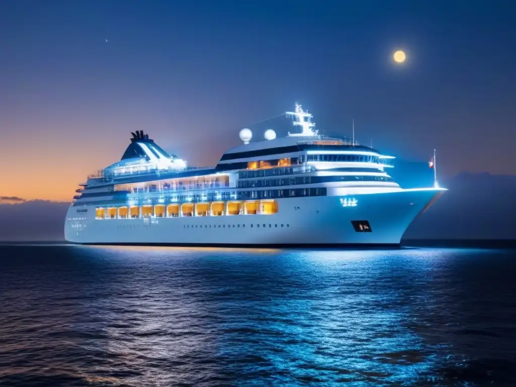 Oportunidades de inversión en cruceros: un lujoso barco de crucero navegando bajo el cielo estrellado y la luz de la luna sobre el mar tranquilo