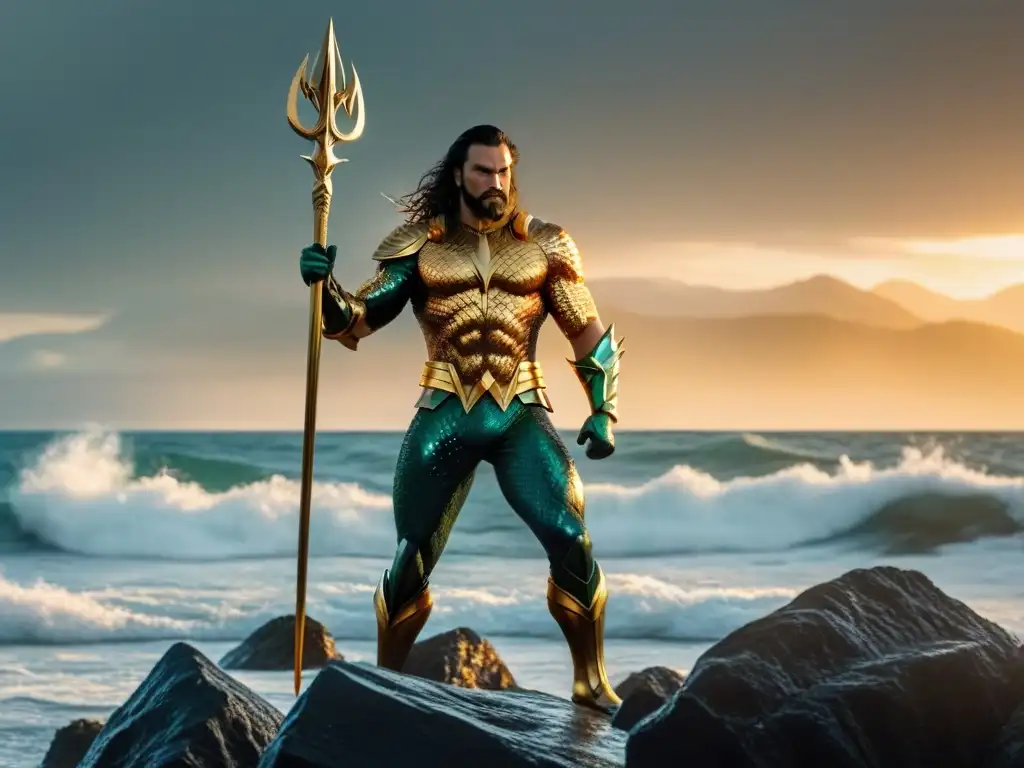 Aquaman, origen mitológico en cómic, de pie en la costa rocosa con tridente alzado, frente al mar y atardecer dorado