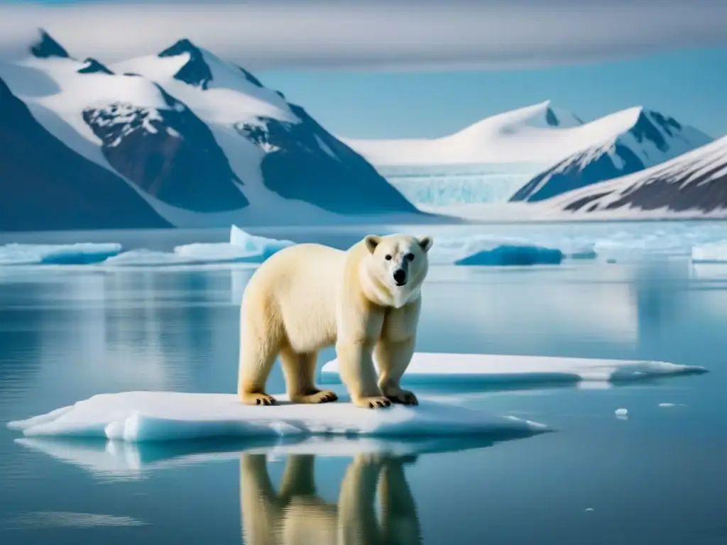 Un oso polar reflexivo en una placa de hielo derritiéndose, con vastos mares helados y glaciares lejanos