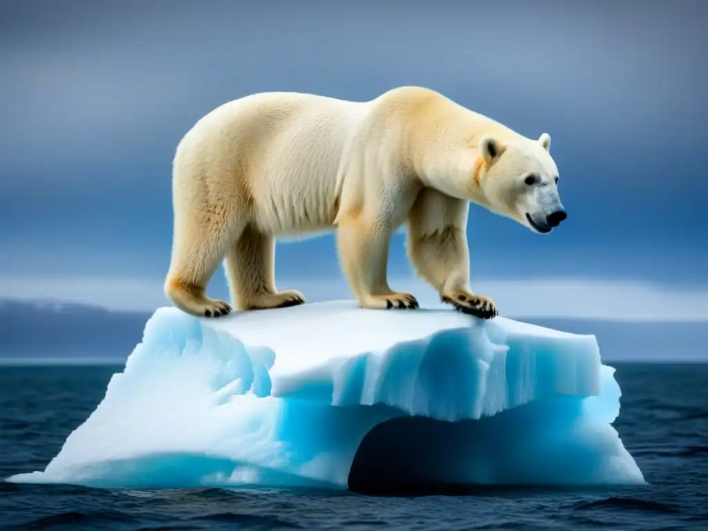 Un oso polar solitario en un iceberg derritiéndose, reflejando el impacto del cambio climático en el Ártico