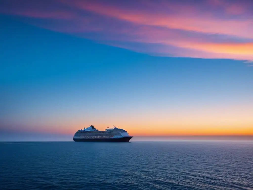 Un pacífico atardecer en el mar con un crucero al fondo, simbolizando la paz y tranquilidad a bordo