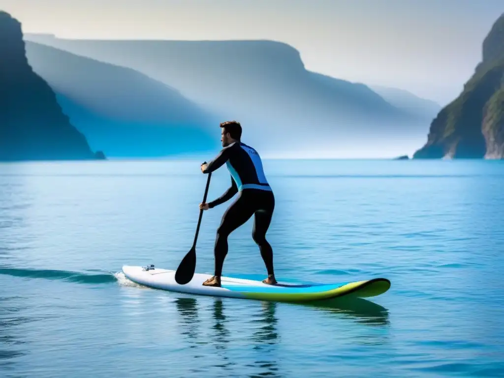 Paddle surf con avances tecnológicos en un entorno sereno de mar y cielo azul claro