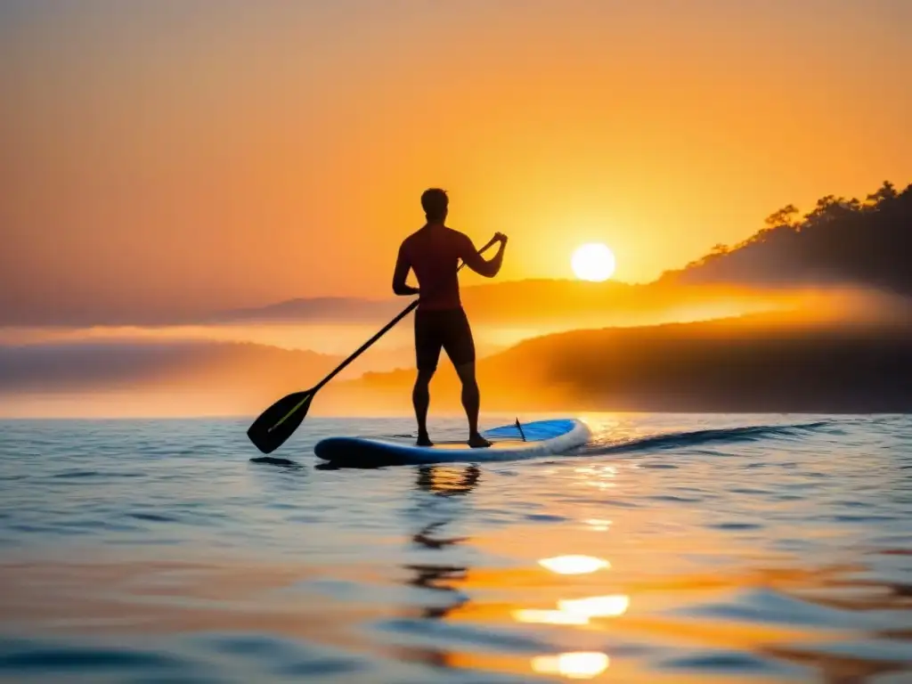 Un paddle surf en cruceros al amanecer, con un remador solitario deslizándose graciosamente sobre aguas tranquilas al amanecer