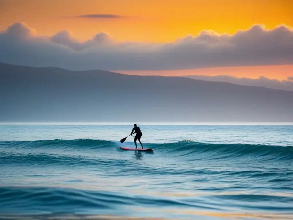 Un paddle surf en cruceros: un solitario surfista deslizándose calmadamente sobre el agua al atardecer