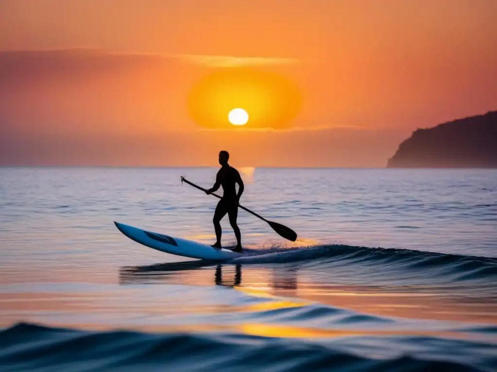 Un paddle surfer se desliza al atardecer en aguas cristalinas, reflejando avances tecnológicos en paddle surf