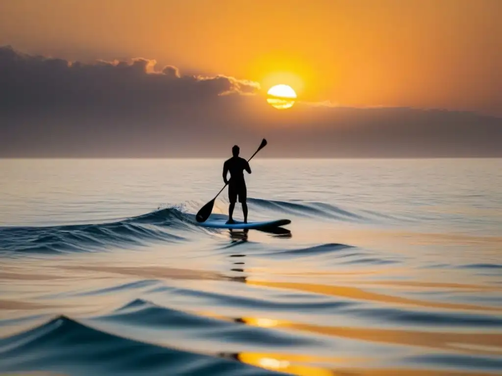 Un paddleboarder en armonía con el mar abierto al atardecer