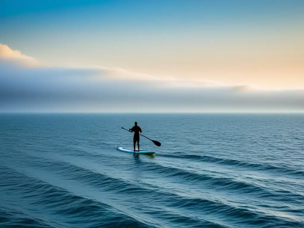 Un paddleboarder solitario surca el mar abierto, destacando la vastedad y la serenidad