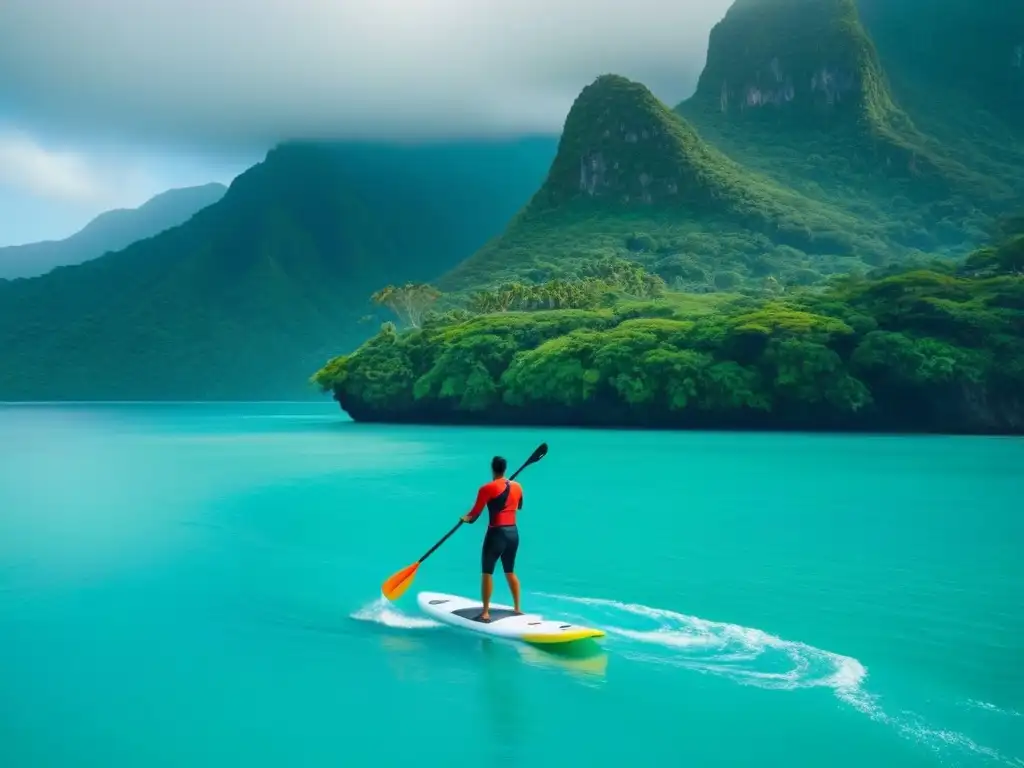 Paddleboarding en cruceros de lujo: Persona navegando en aguas cristalinas rodeada de naturaleza exuberante y montañas distantes