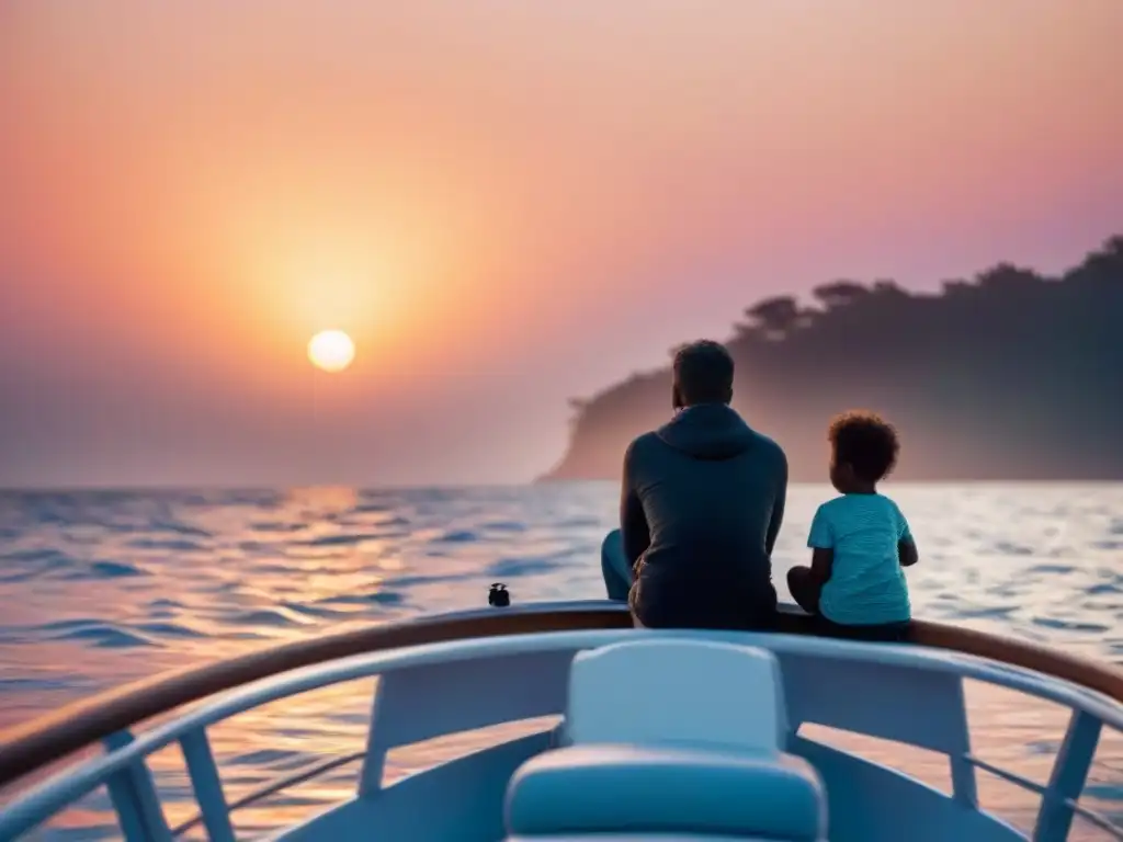 Padre e hijo disfrutan de actividades educativas a bordo, en armonía con el mar al atardecer