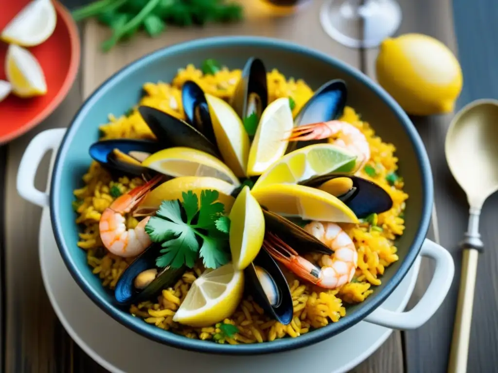 Una paella de mariscos en vajilla española, servida en mesa de madera