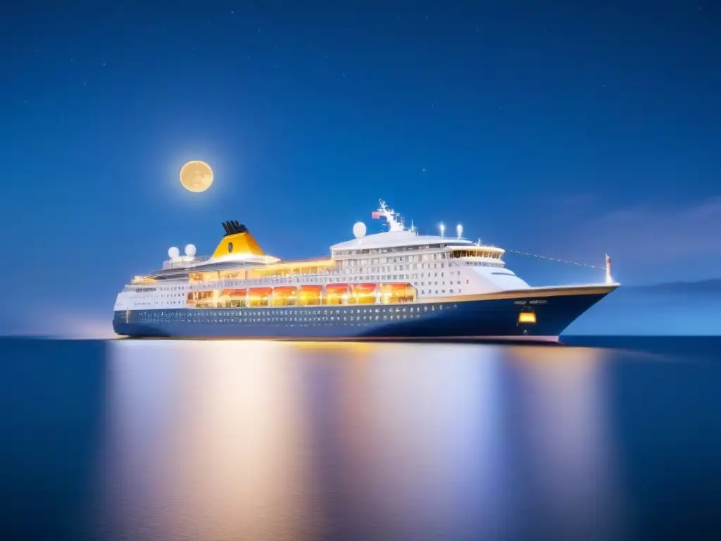 Pago sin contacto en cruceros: Un crucero elegante surca aguas tranquilas bajo un cielo estrellado y la luz de la luna