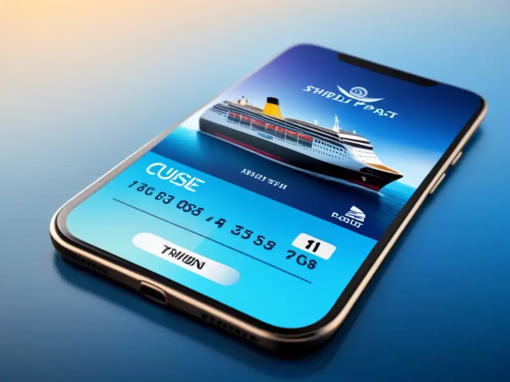 Pago sin contacto en cruceros: Smartphone muestra pase de abordar digital con logo de pago sin contacto, fondo azul sereno