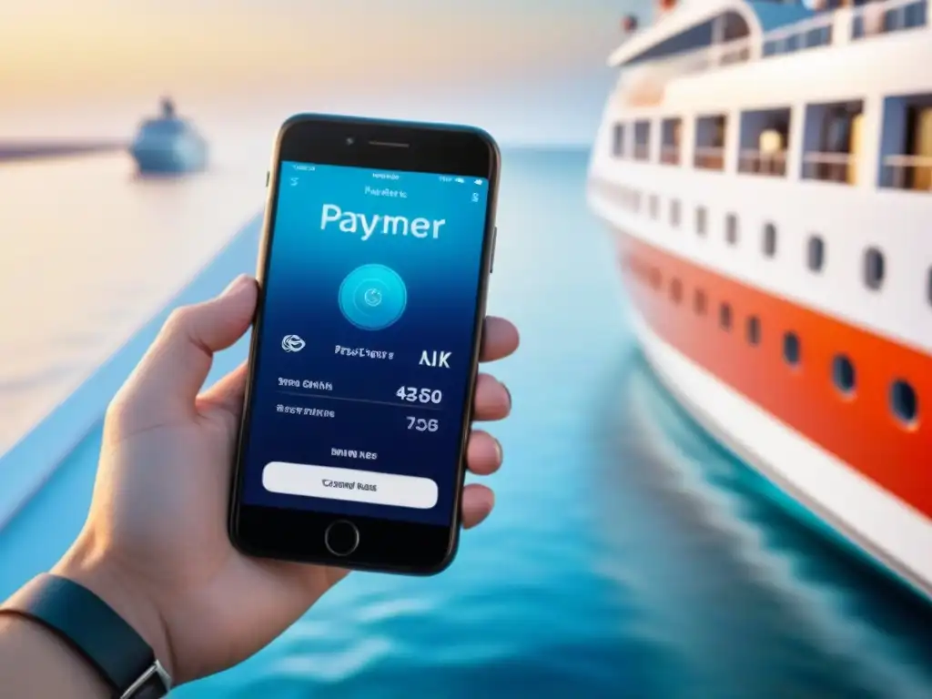 Pago sin contacto en cruceros: Smartphone con app de pago futurista para vacaciones en crucero