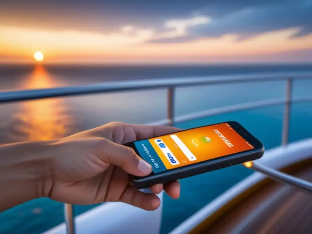 Pago sin contacto en cruceros: Smartphone seguro haciendo transacción en lujoso crucero al atardecer