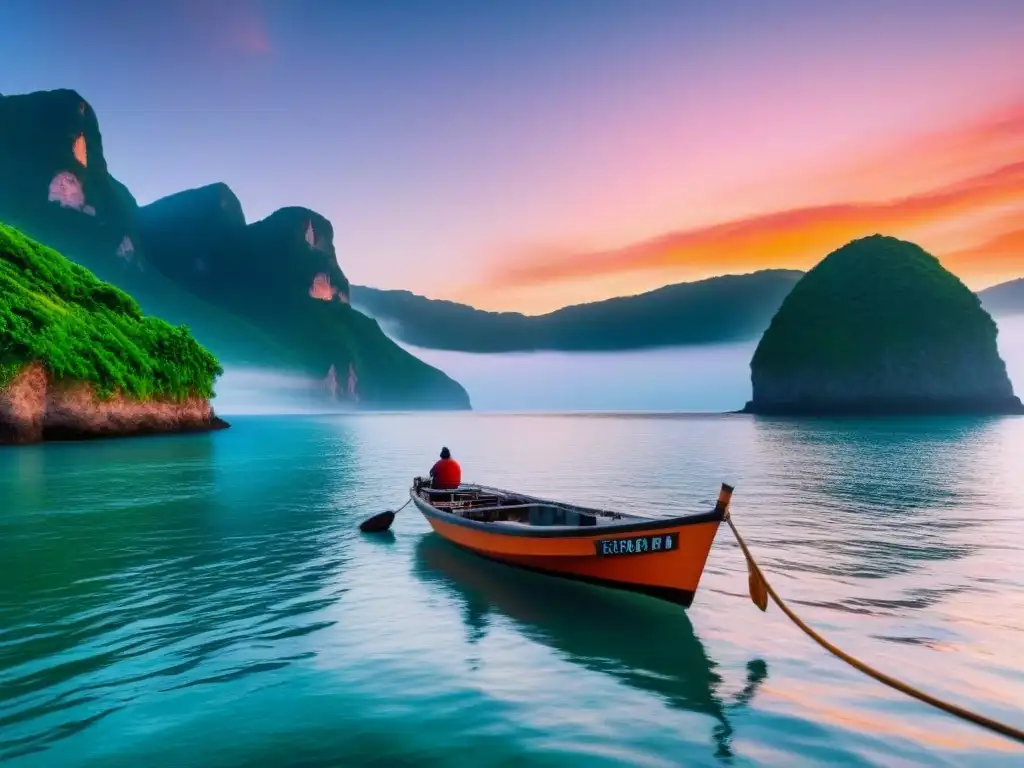 Un paisaje costero al atardecer con un barco turístico ecológico navegando entre una exuberante vegetación marina