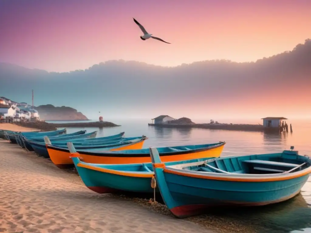 Paisaje costero al atardecer con botes de pesca y gaviotas, iluminado por tonos anaranjados y rosados