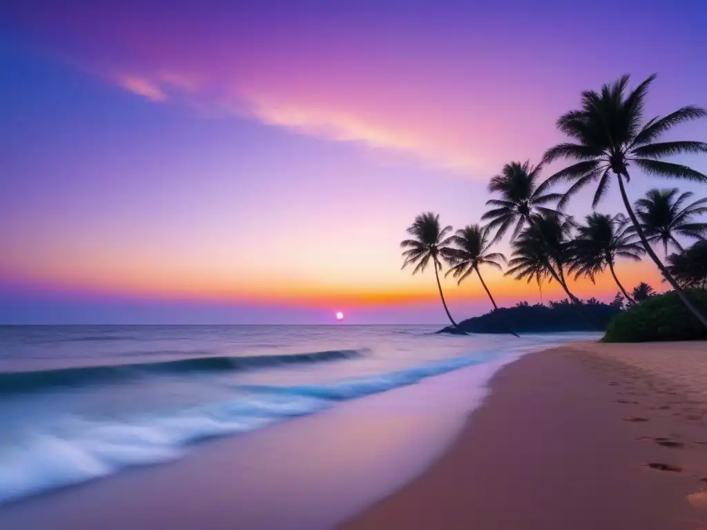 Un paisaje costero al atardecer con playa, palmeras, velero y cielo cálido