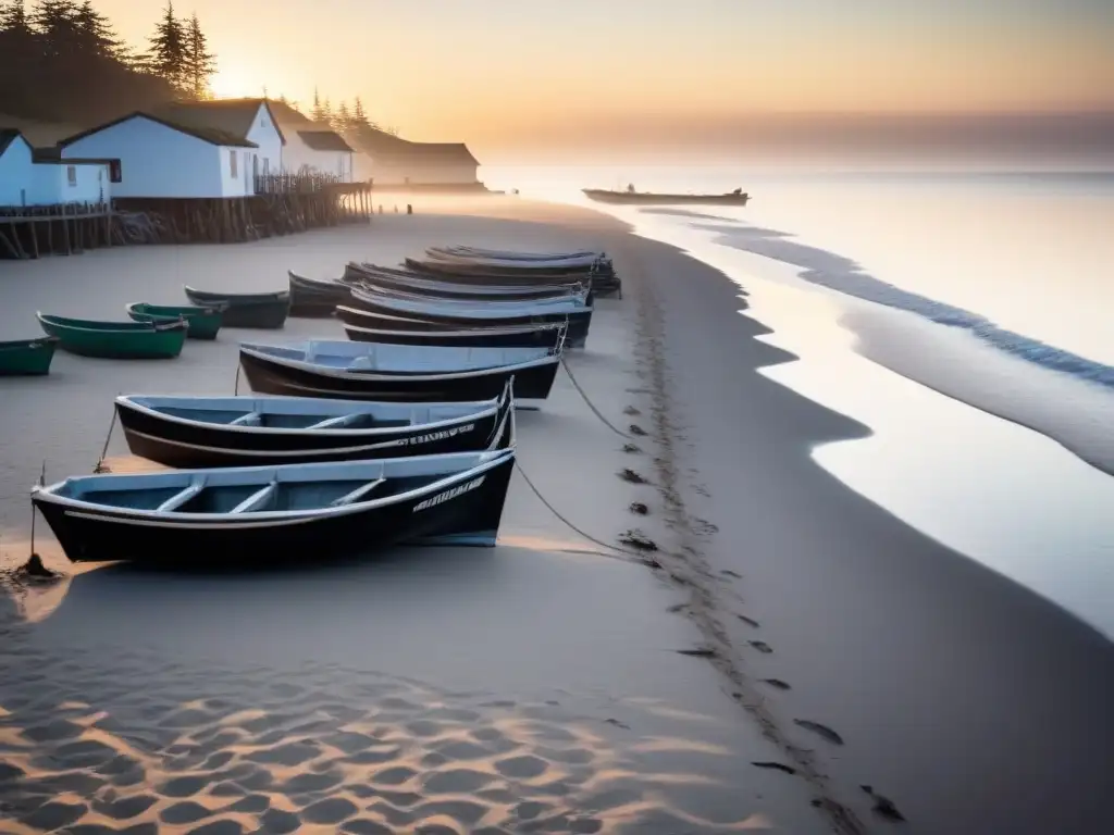 Paisaje costero al amanecer con barcos pesqueros y habitantes transportando pescado