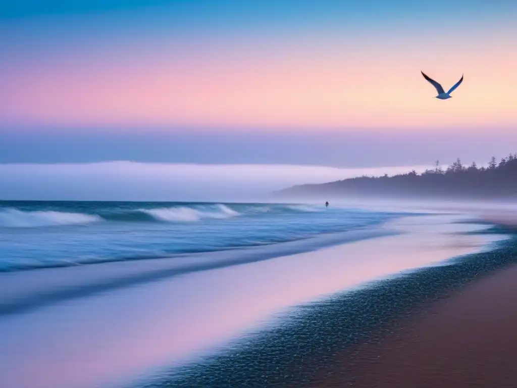 Paisaje costero al amanecer con pescador solitario, gaviotas y olas suaves