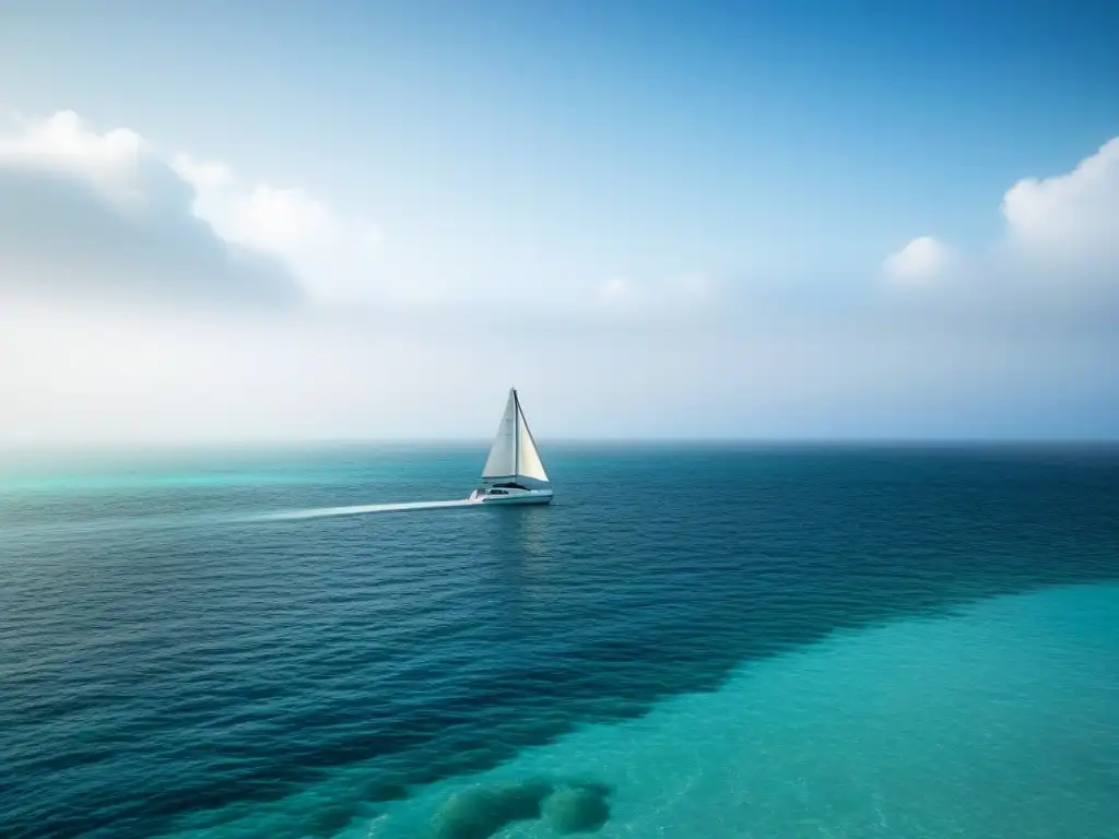 Un paisaje costero sereno con aguas cristalinas, un velero en el horizonte y vida marina vibrante, destacando el turismo marítimo sostenible