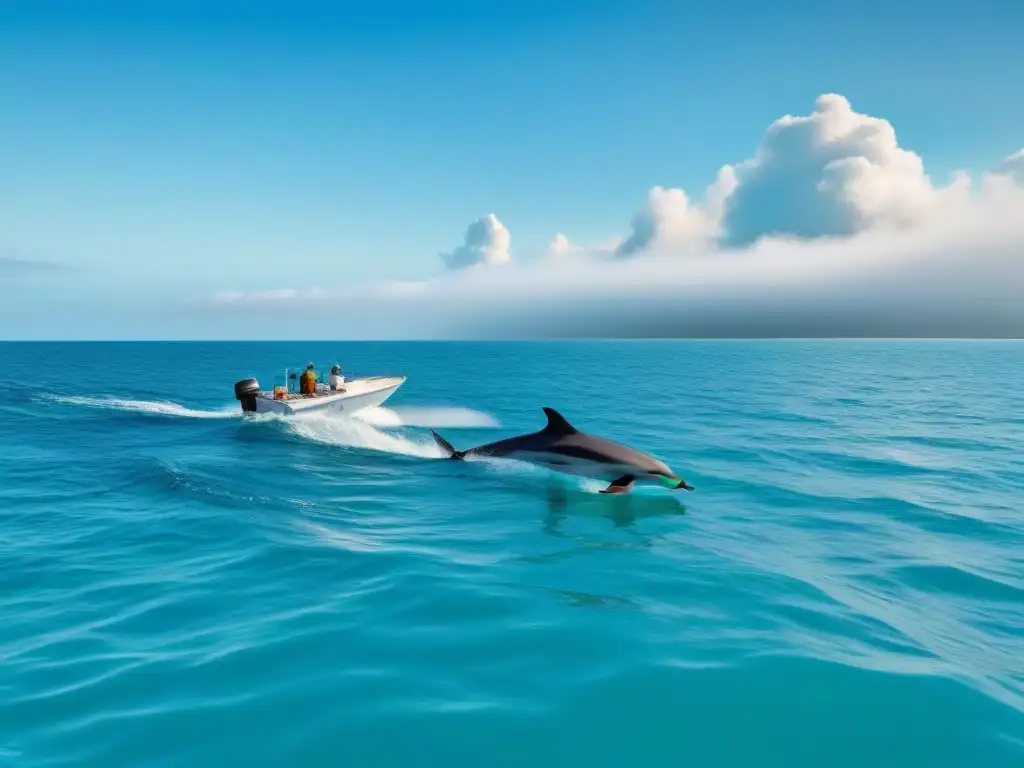 Un paisaje costero sereno con aguas cristalinas, un barco sostenible navegando pacíficamente y una manada de delfines nadando junto a él