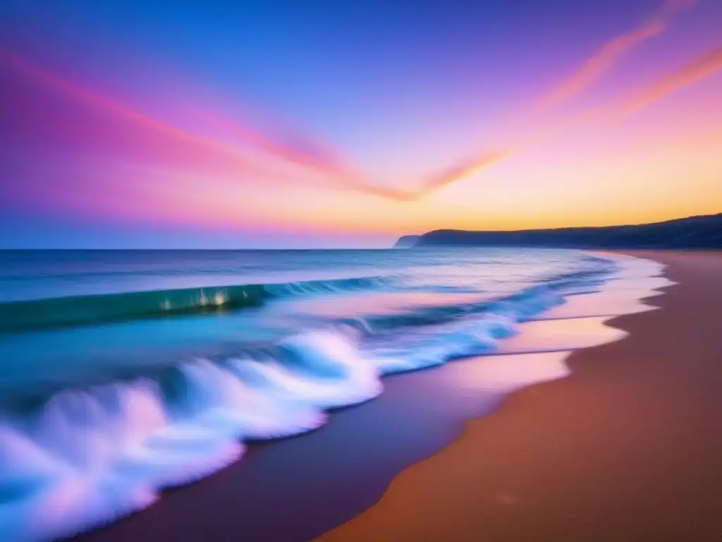 Paisaje costero sereno al atardecer con olas suaves