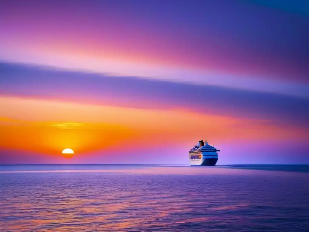 Un paisaje costero sereno al atardecer con un crucero al fondo