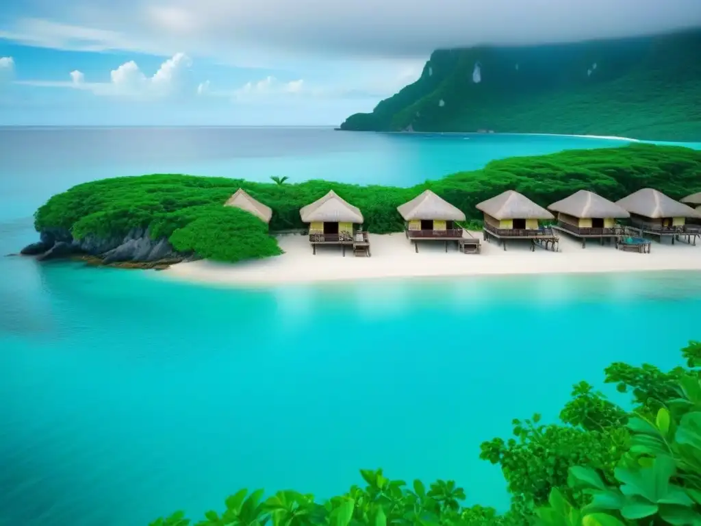 Paisaje costero sereno con cabañas de paja entre vegetación y playa, transmitiendo tranquilidad y armonía con la naturaleza