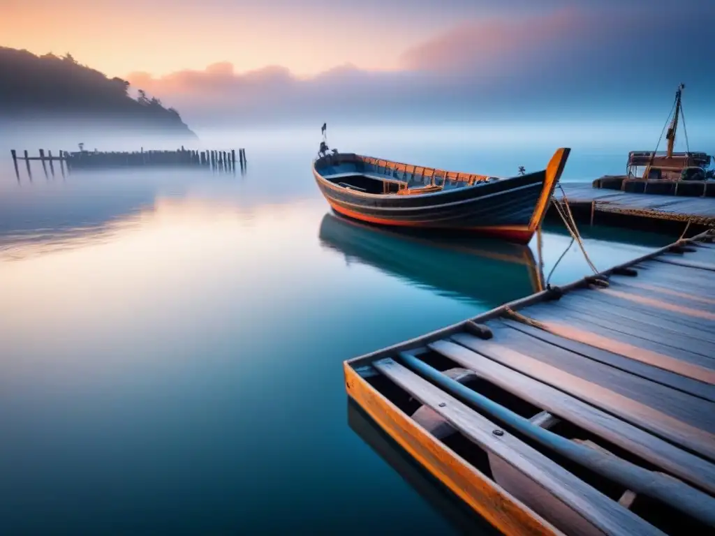 Un paisaje costero sereno al amanecer con una embarcación pesquera tradicional y moderna, reflejando la tradición y la modernidad en la pesca local