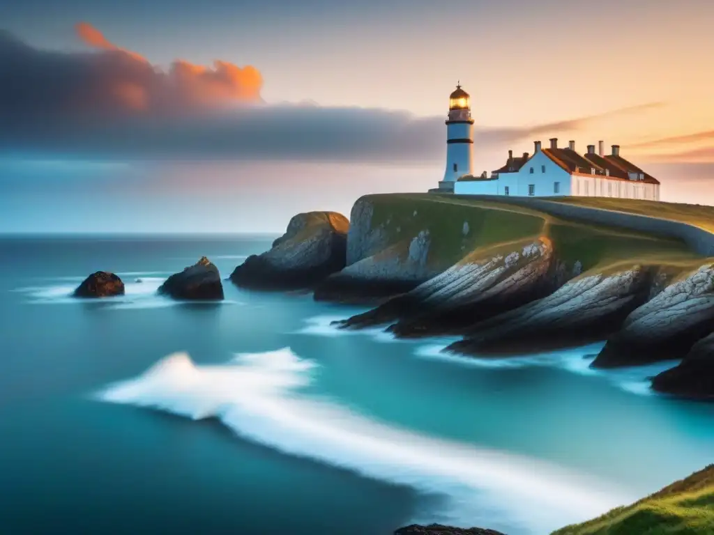 Un paisaje costero sereno con un faro histórico destacando contra un vibrante atardecer