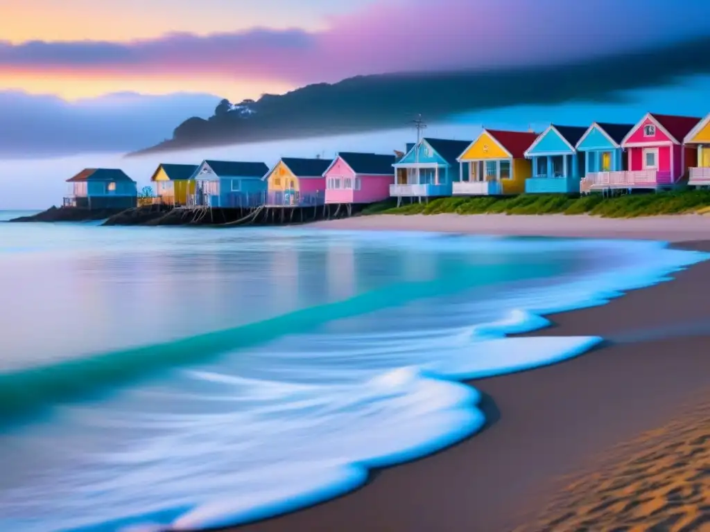 Paisaje costero sereno al amanecer, con playa tranquila, bote de pesca y casas coloridas