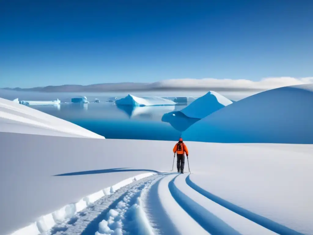 Un paisaje helado en la Antártida con una figura solitaria reflejando la supervivencia de Ernest Shackleton