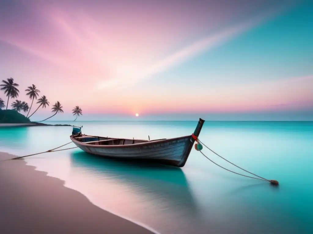 Paisaje idílico de playa con aguas turquesa, palmeras, barco y atardecer rosado