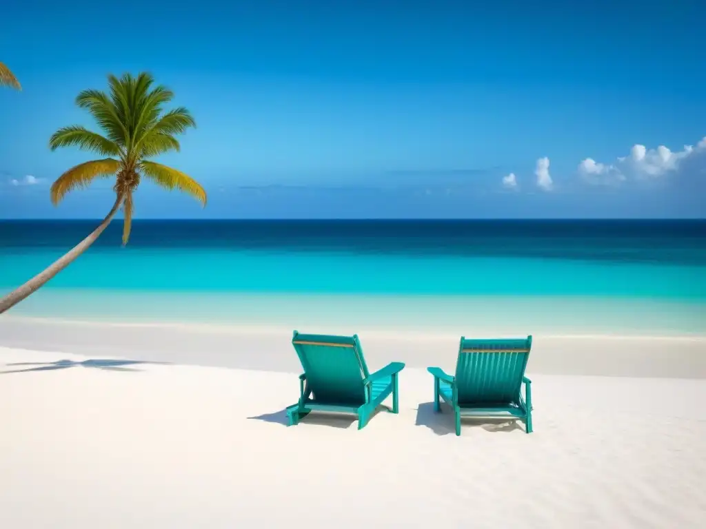 Paisaje idílico en el Caribe con playa de arena blanca, aguas turquesas y sillas de playa vacías