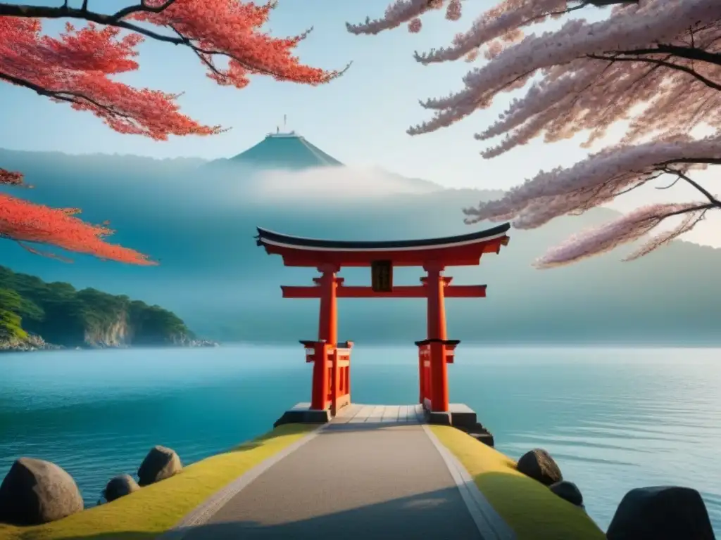 Un paisaje japonés sereno con un torii gate, árboles de arce y cerezo, reflejados en el agua cristalina