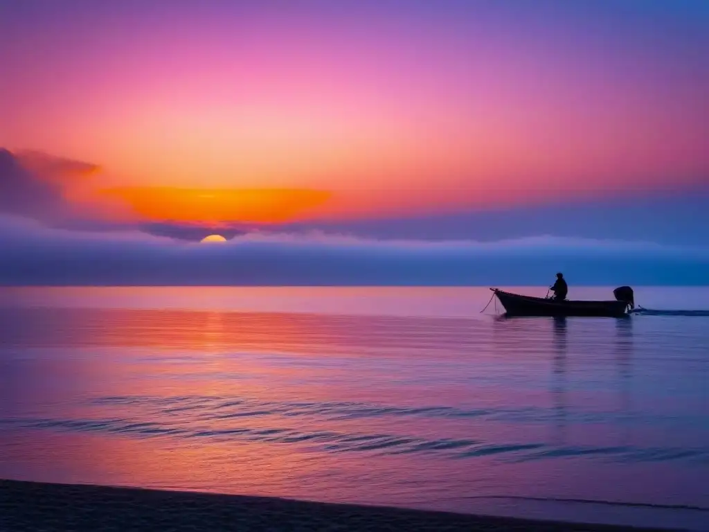 Tranquilo atardecer en el mar con bote al horizonte Paisaje marino al atardecer con barca a lo lejos