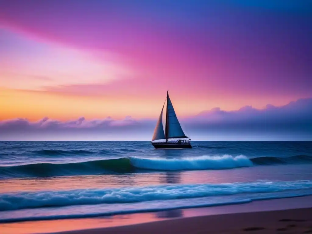 Paisaje marino al atardecer con barco velero en el horizonte