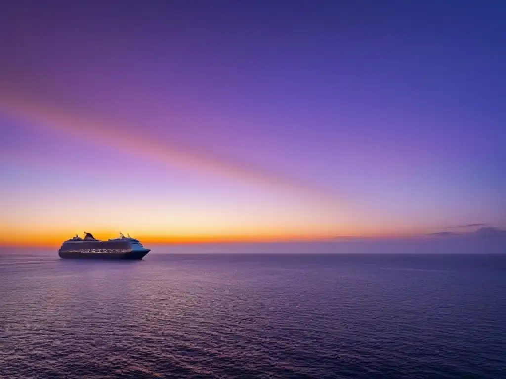 Paisaje marino al atardecer con un crucero, en tonos cálidos