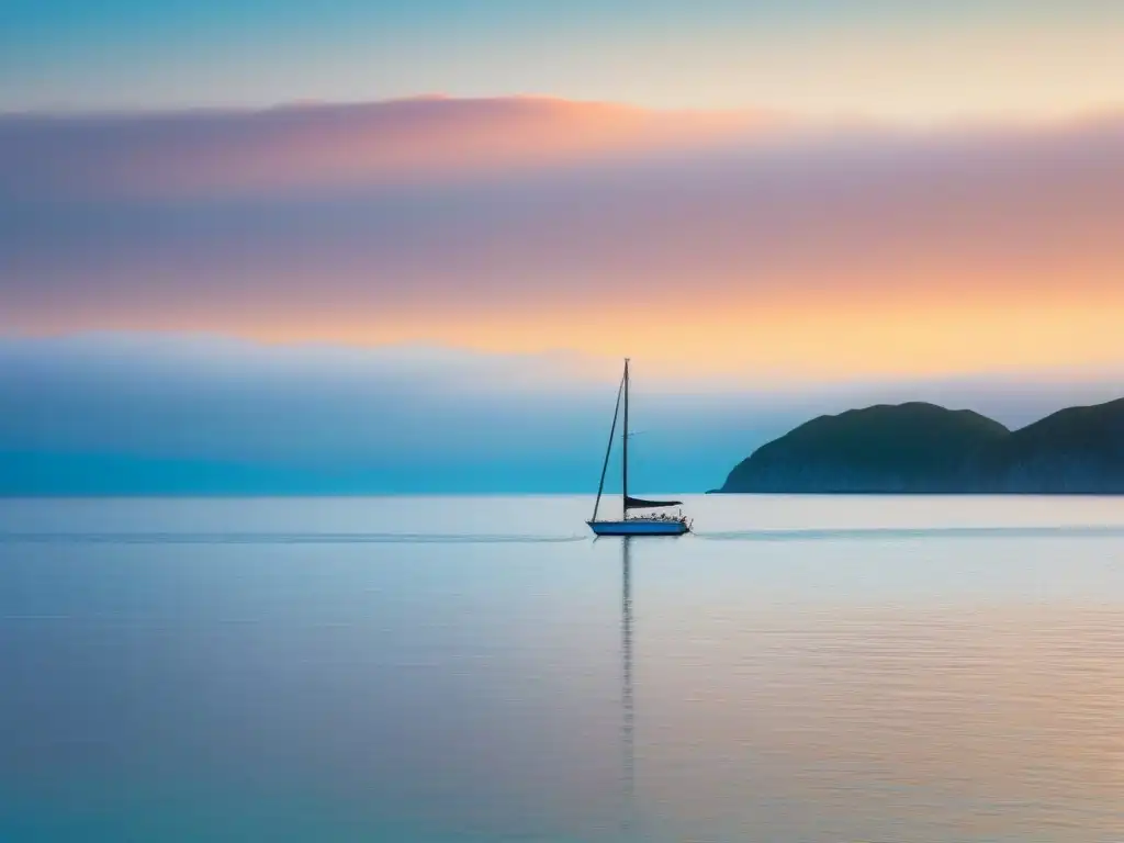 Un paisaje marino minimalista con un velero solitario en aguas tranquilas al atardecer