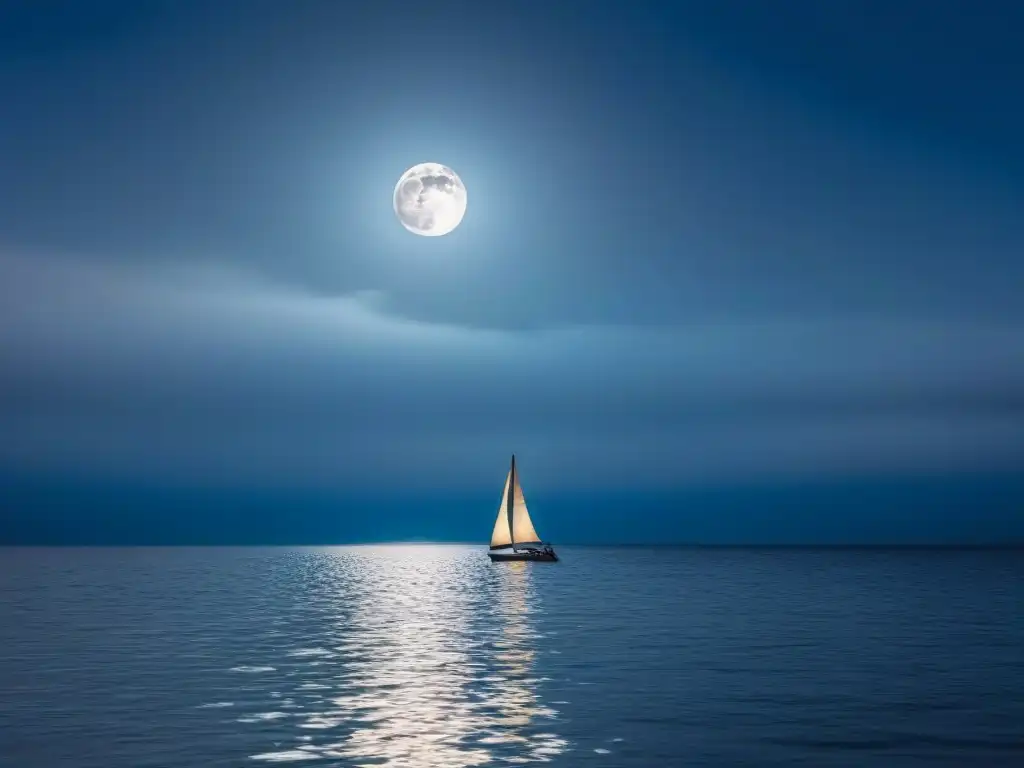 Un paisaje marino nocturno con luna llena reflejándose en el océano, iluminando un solitario velero