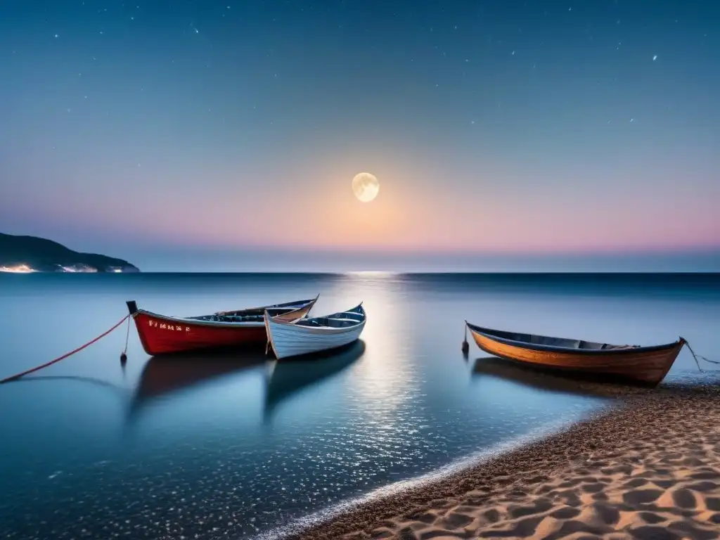 Un paisaje marino nocturno sereno con un mar tranquilo, cielo estrellado, luna llena brillante y barcos iluminados