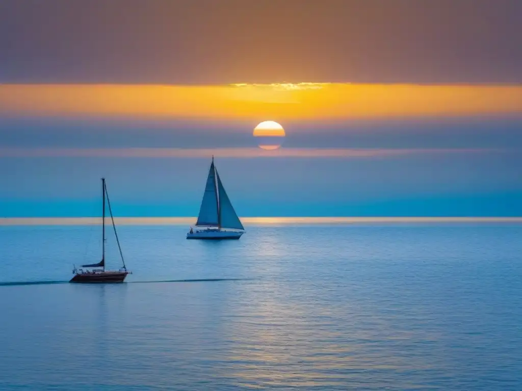 Un paisaje marino sereno al atardecer con un velero solitario en el horizonte, ideal para reservas de última hora turismo marítimo